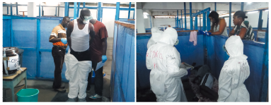 左・図6 エボラ対策用個人防護具の着脱訓練の様子 右・図7 模擬ETUでEVD生還ボランティアを前に研修