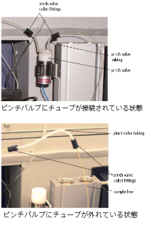ピンチバルブにチューブが接続されている状態とピンチバルブにチューブが外れている状態