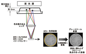 図4 影像取得機構 レンズの色収差を利用して，広い視野を確保しながら培地の各深度にピントを合わせる。取得影像は，３次元情報をもっている。